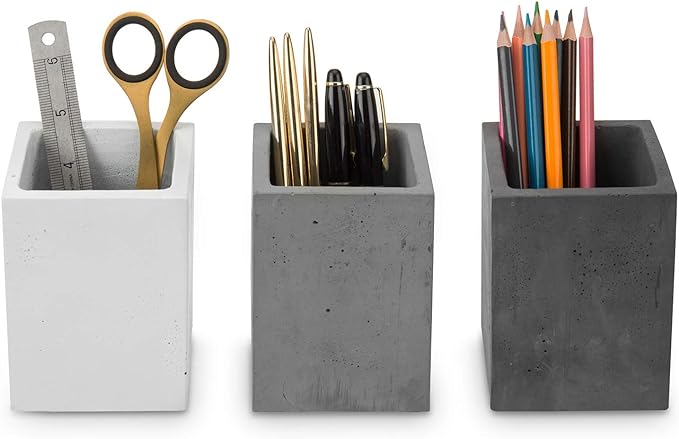 MyGift Modern Gray-Tone Concrete Desktop Pencil Holder Cup and Pen Holder, Office Stationery Organizer, Set of 3