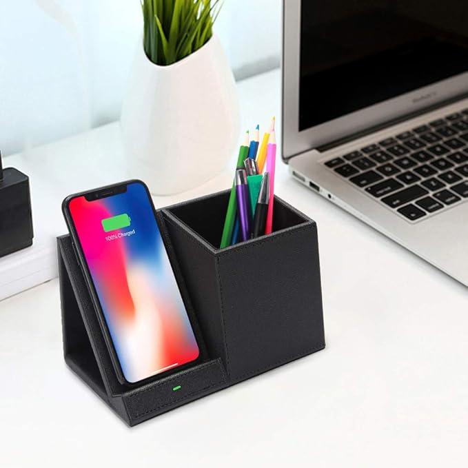 COSOOS Fast Wireless Charger with Desk Organizer, Desk Phone Charger Compatible with 15/15 Pro/15 Pro Max/14/13/12/11/XS/8 Plus, Galaxy S21/S20+/S10/Note 10/Note 9/(No AC Adapter)