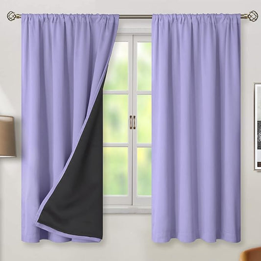 BGment Purple 100% Blackout Curtains for Bedroom 63 Inches Long with Black Liner, Thermal Insulated Double Layer Full Room Darkening Rod Pocket Curtain (52 x 63 Inch, Light Purple, 2 Panels)