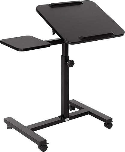 Seville Classics Airlift Height Adjustable Mobile Rolling Laptop Cart Computer Workstation Desk, Table for Home, Office, Classroom, Hospital, w/Wheels, Black, Tilt w/Side Table (28") (New Model)