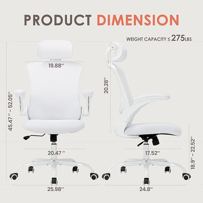 Ergonomic Mesh Office Chair, High Back Executive Desk Chair with Adjustable Headrest and Lumbar Support, Flip-Up Arms, Rocking, Swivel Rolling Computer Mesh Chair for Home Office-White