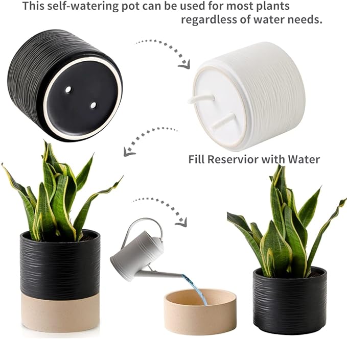 Nihow Self Watering Plant Pot: 6 Inch Ceramic Planter with Drainage Hole & Water Storage Plus for Indoor & Outdoor Plants - Cylinder Round Flower Pot for Succulent/Herbs/Violets - Black & Brown