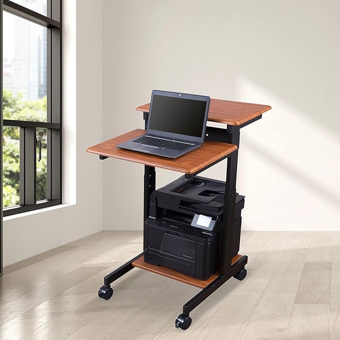 Stand Up Desk Store Rolling Adjustable Height Two Tier Standing Desk Computer Workstation (Black Frame/Teak Top, 24" Wide)