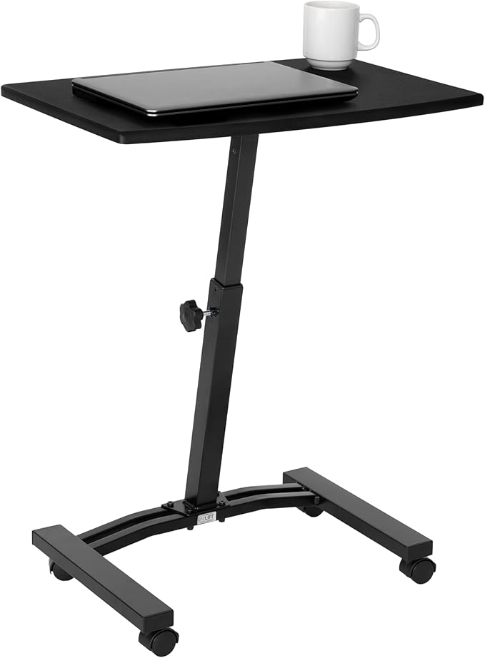 Seville Classics Airlift Mobile Height Adjustable Laptop Stand Computer Workstation for Sitting Classroom Home Office Medical Table w/Wheels, Flat Desk 24", Black