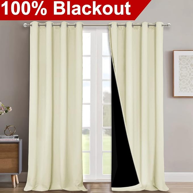 NICETOWN Living Room Completely Shaded Draperies, Privacy Protection & Noise Reducing Ring Top Drapes, Black Lined Insulated Window Treatment Curtain Panels (Beige, 2 Pieces, W52 x L120)