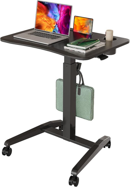 Mobile Standing Desk, Height Adjustable Rolling Laptop Desk with Cup Holder, 27 inches Portable Sit Stand Desk with Wheels and Hook, Pneumatic Computer Table, Black