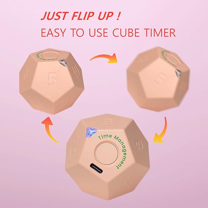 Cube Timer, Pomodoro Timer, Rechargeable Small Cute Timer, Timer for Kids and Classroom, Kitchen Timer for Cooking, Workout & Study Countdown Timer, Time Management Timer (Rose Pink)