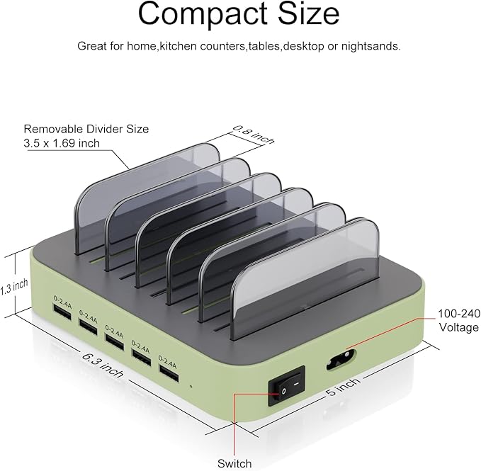 Charging Station for Multiple Devices, MSTJRY 5 Port Multi USB-A Charger Station with Power Switch Designed for iPhone iPad Cell Phone Tablets (Cyan, 7 Mixed Short Cables Included)