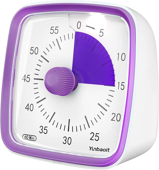 Yunbaoit Visual Timer with Night Light, 60-Minute Countdown Timer for Kids and Adults, Silent Classroom Timer, Time Management Tool for Home, School, or Work (Purple)