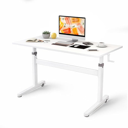 Manual Standing Desk Adjustable Height- Crank Mobile Standing Desk 48 x 24 Inches Sit Stand Desk Frame & Top, Stand Up Desk on Wheels, Computer Desk White Frame & White