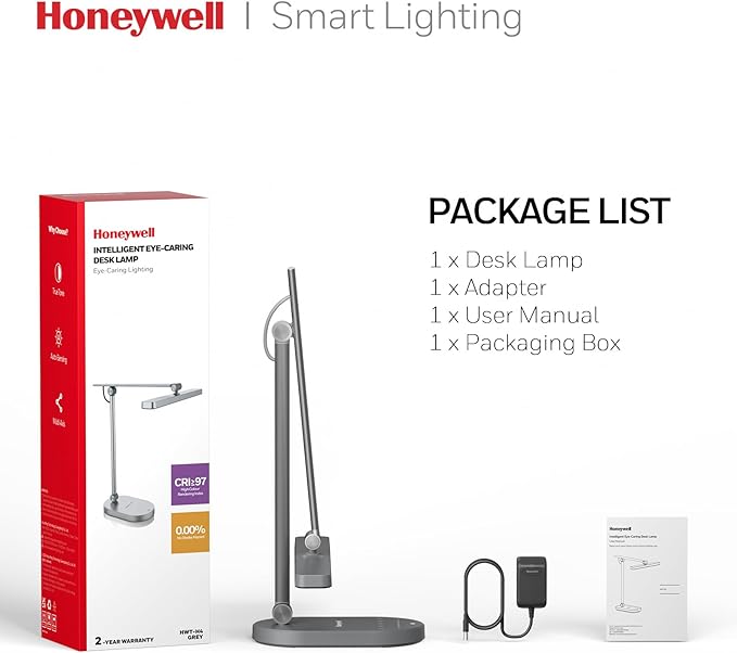 Honeywell LED Desk Lamp for Home Office - H4 Sunturalux™ Eye-Caring Desk Light, 14W Dimmable Table Lamp with 3 Color Modes 5 Brightness Levels, Auto Dimming, Timer, Adjustable Reading Lamp, Gray