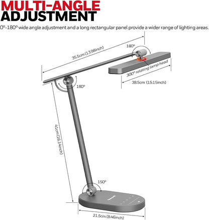 Honeywell LED Desk Lamp for Home Office - H4 Sunturalux™ Eye-Caring Desk Light, 14W Dimmable Table Lamp with 3 Color Modes 5 Brightness Levels, Auto Dimming, Timer, Adjustable Reading Lamp, Gray