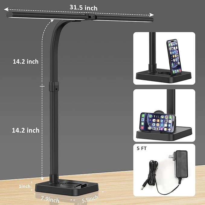 LED Desk Lamp for Home Office, 24W Bright Desk Lamp with Phone Holder Base - 25 Lighting Modes Eye-Caring Desk Light Adjustable Gooseneck Lamp for Workbench Drafting Reading Study