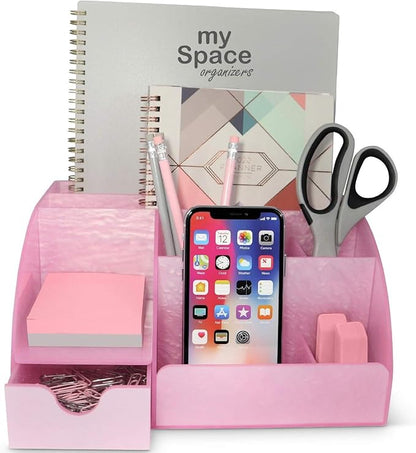 Pink Desk Organizer Office, Acrylic, with Drawer, 9 Compartments, Supplies and Cool Desk Accessories Organizer, Desktop Pen Holder (Pink)