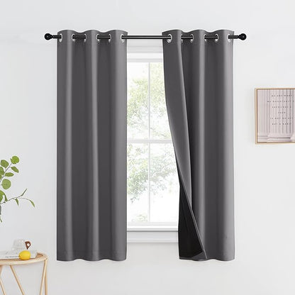 NICETOWN 100% Blackout Short Curtain with Black Liner, Thermal Insulated Full Blackout 2-Layer Lined Drape, Energy Efficiency Window Drapery for Bedroom (Grey, 1 Panel, 37-inch W by 63-inch L)