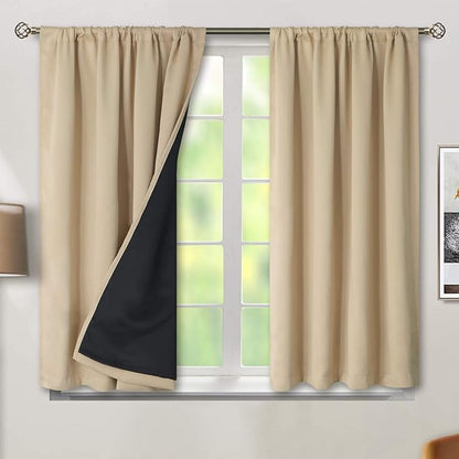 BGment Thermal Insulated 100% Blackout Curtains for Bedroom with Black Liner, Double Layer Full Room Darkening Noise Reducing Rod Pocket Curtain (52 x 45 Inch, Beige, 2 Panels)