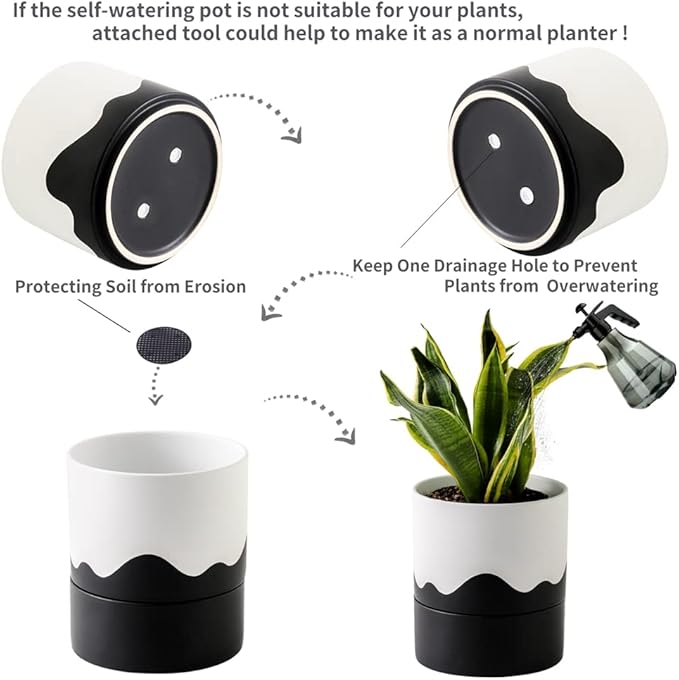 Nihow Self Watering Plant Pot: 6 Inch Ceramic Planter with Drainage Hole & Water Storage Plus for Indoor & Outdoor Plants - Cylinder Round Flower Pot for Succulent/Herbs/Violets - White & Wave Black