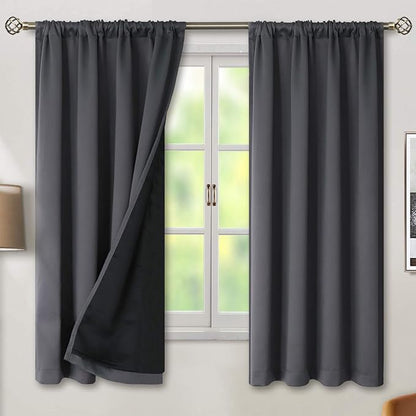 BGment Thermal Insulated 100% Blackout Curtains for Bedroom with Black Liner, Double Layer Full Room Darkening Noise Reducing Rod Pocket Curtain (52W x 63L, Dark Grey)