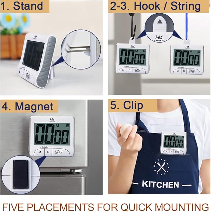 3" Large Display Kitchen Timer - Digital Timer Magnetic Back Loud Alarm On A Rope- White Cooking Timers For Kitchen Teachers Students Games Kids Meetings - Sports Timer For Workouts Exercise