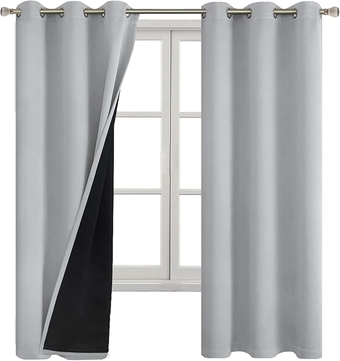 Light Grey Blackout Curtains for Bedroom 63 Inch Length 2 Panels, Thermal Insulated 100% Black-Out Light Blocking Soundproof Grommet Room Darkening Thick Window Curtains, Each 42 Inch Wide