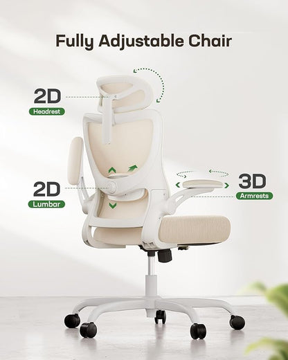 Marsail Ergonomic Office Chair: Office Computer Desk Chair with High Back Mesh and Adjustable Lumbar Support Rolling Work Swivel Task Chairs with Wheel 3D Armrests and Headrest (White)