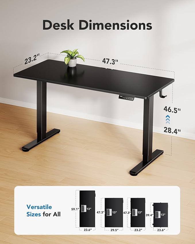 HUANUO Electric Standing Desk, 48" x 24" Whole Piece Desktop, Adjustable Height Computer Desk, 4 Height Memory Settings, Sit Stand Up Desk for Home Office, Black