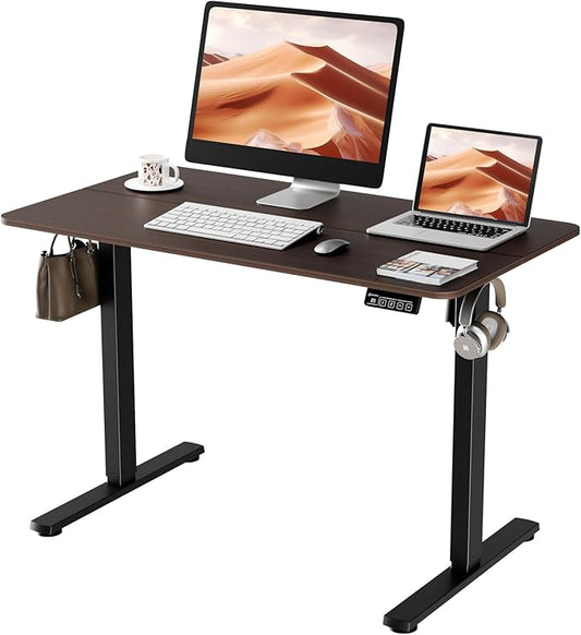 Electric Standing Desk, 43.3" x 23.6" Height Adjustable Sit Stand Desk with Splice Board for Home Office, Computer Desk Memory Preset (Black Frame, Walnut Desktop)