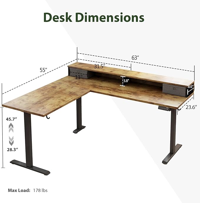 Agilestic L Shaped Electric Standing Desk with 2 Drawers, 63 Inch Ergonomic Adjustable Height Desk with Storage, Corner Desk Sit Stand up Computer Table for Work Office Home, Rustic Brown