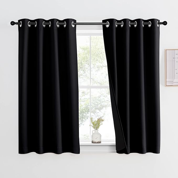 NICETOWN Truly Blackout Curtain 54 inches Length, 2 Thick Layers Completely Blackout Window Treatment Thermal Insulated Lined Drape for Basement Window (Black, 1 Panel, 46 inches Width Each Panel)