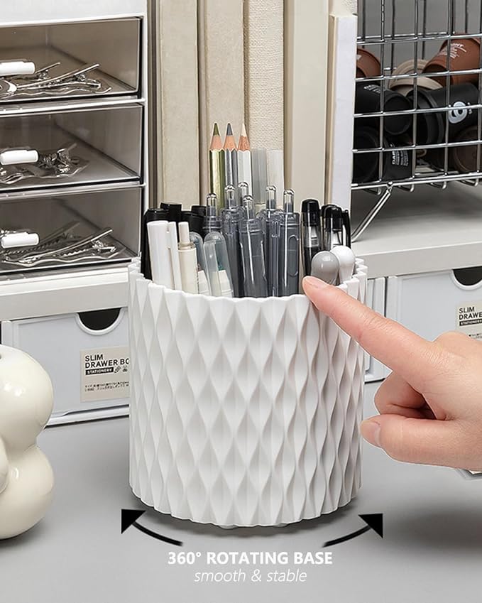 Rotating Pen Pencil Holder for Desk, 5 Slots Unique White Desk Pen Organizer Easthetic Desktop Supplies and Accessories for Women Girls, Pen Cup Pencil Caddy for Office Home Art Supply