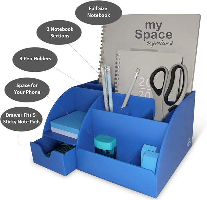 Blue Desk Organizer, 9 Compartments, Office Supplies and Desk Accessories Organizer, Pen Holder Decor Desktop (Blue)