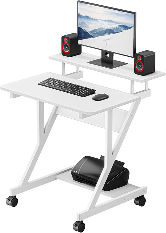 Dripex Computer Desk for Small Spaces, 27.5 inch Small Computer Desk, 3 Tier Compact Desk with Monitor Shelf and Bottom Storage Shelves, Space Saving Desk, White