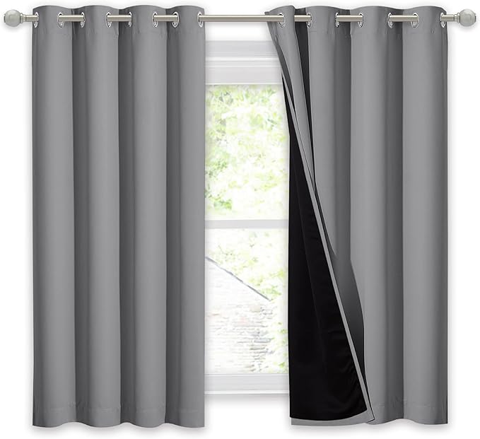 NICETOWN 100% Blackout Curtain with Black Liners, Thermal Insulated Full Blackout 2-Layer Lined Drape, Noise Cancellation Window Drapery for Dining Room (Silver Grey, 1 Panel, 52-inch W by 54-inch L)