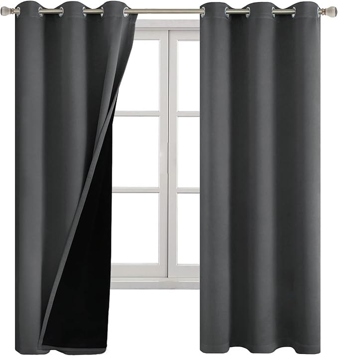 100% Blackout Curtains for Bedroom 63 Inch Length, Thermal Insulated 100% Light Blocking Bedroom Curtains Soundproof Heavy Thick Window Curtains, Each 42 Inch Wide, 2 Panels, Dark Grey