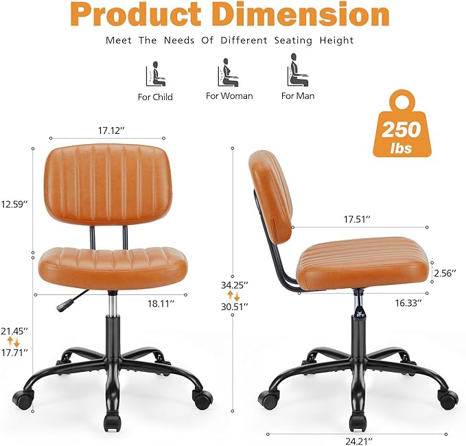 Sweetcrispy Small Office Desk Chair with Wheels Armless Comfy Computer Chair with Lumbar Support, PU Leather Low Back Adjustable Height 360° Rolling Swivel Task Chair Without Arm for Home, Bedroom