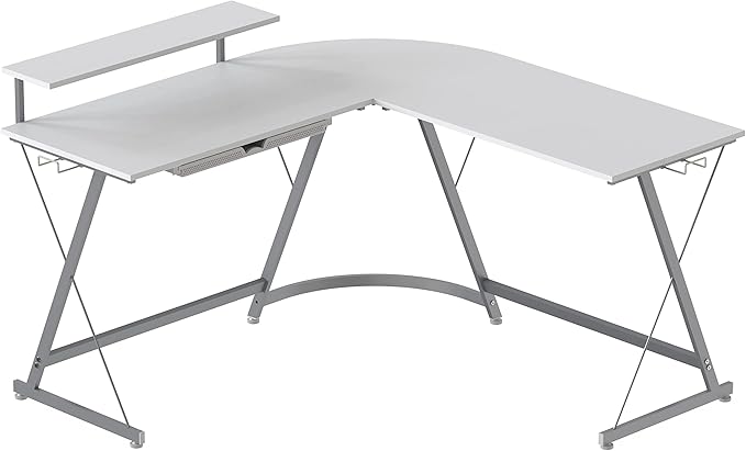 SHW Vista L-Shape Desk with Monitor Stand, White