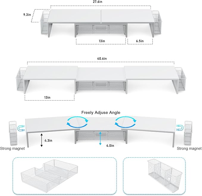 gianotter Dual Monitor Stand Riser, Desk Organizer With Drawer and 2 Pen Holders, Desk Accessories & Workspace Organizers, Monitor Stand for Desk, Office Decor Essentials (White)