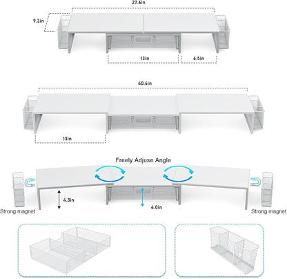 gianotter Dual Monitor Stand Riser, Desk Organizer With Drawer and 2 Pen Holders, Desk Accessories & Workspace Organizers, Monitor Stand for Desk, Office Decor Essentials (White)