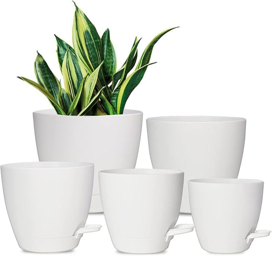 Plant Pots, 7/6.5/6/5.5/5 Inch Self Watering Planters, Pots for Indoor Plants with Drainage Hole for Succulents, African Violet (Matte White)