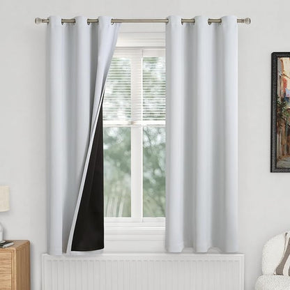 Greyish White Blackout Curtains for Bedroom 63 Inch Length 2 Panels, 100% Light Blocking Thermal Insulated Soundproof Grommet Curtains with Thick Liner for Narrow Window, Each 38 Inch Wide