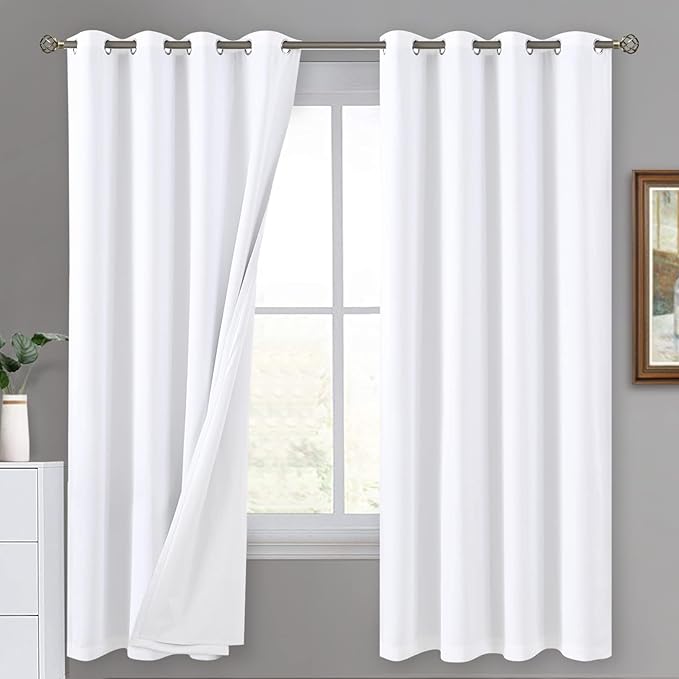 White Blackout Curtains for Bedroom 72 Inches Length 2 Panels Set, Thermal Insulated 100% Light Blocking Soundproof Grommet Window Curtains with Thick White Liner, Each 52 Inches Wide