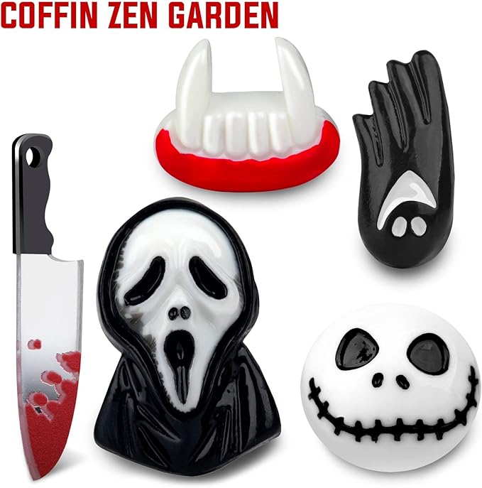 LUCHINM Coffin Zen Garden Kit for Desk,Coffin Decor,9.2×4.5in Spooky Zen Sand Garden with 6 Accessories and 3 Mini Rakes,Gothic Room,Office Desk Decor (Red)