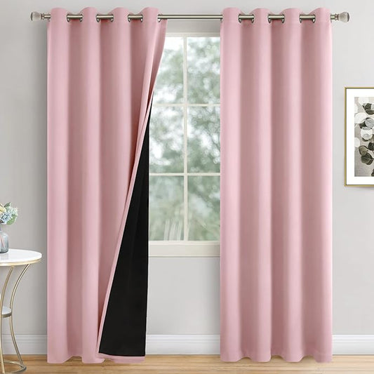 Baby Pink Blackout Curtains for Girls Bedroom 84 Inch Length 2 Panels Set, Thermal Insulated 100% Light Blocking Soundproof Grommet Window Curtains for Nursery with Liner, Each 52 Inch Wide