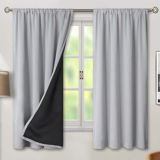 BGment Thermal Insulated 100% Blackout Curtains for Bedroom with Black Liner, Double Layer Full Room Darkening Noise Reducing Rod Pocket Curtain (52 x 63 Inch, Light Grey, 2 Panels)