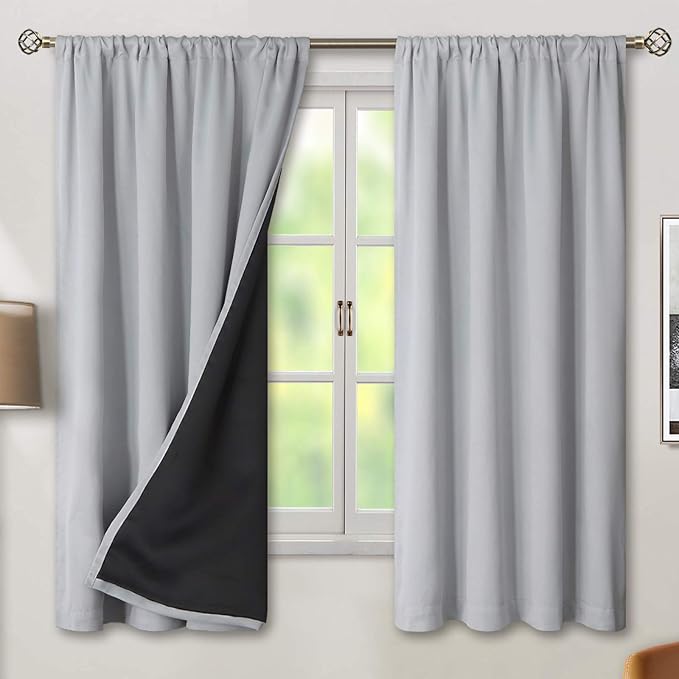 BGment Thermal Insulated 100% Blackout Curtains for Bedroom with Black Liner, Double Layer Full Room Darkening Noise Reducing Rod Pocket Curtain (42 x 63 Inch, Light Grey, 2 Panels)