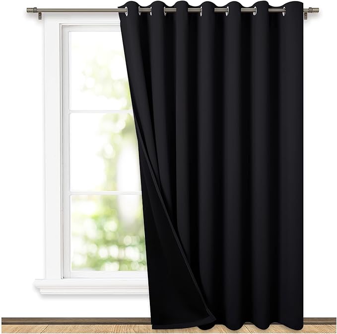 NICETOWN Extra Wide Patio Door Curtain, Super Heavy-Duty Thermal Sliding Glass Door Lined Drape, Privacy Assured 100% Blackout Window Treatment(Black, 1 Panel, 100 inches W x 84 inches L)