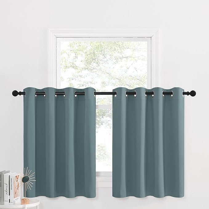 NICETOWN 52 Wide Small Curtains 36 Inches Long for Shelves RV Bathroom Kitchen Room Darkening Grommet Set 2 Panels Blackout Short Tier Curtain for Bedroom Cabinet Basement, Greyish Blue