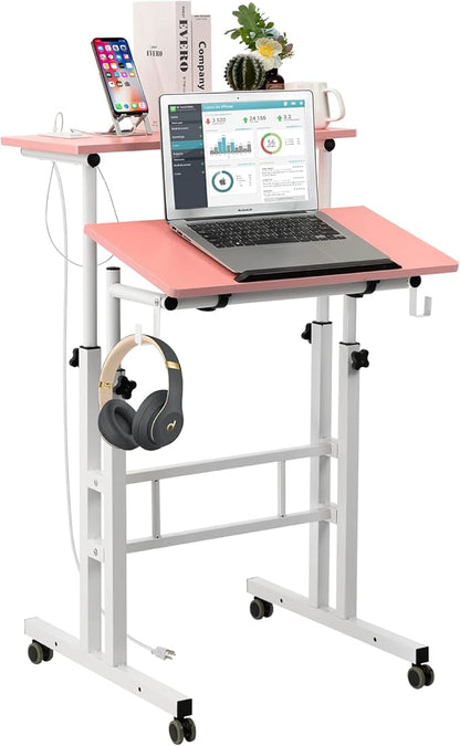 SIDUCAL Mobile Stand Up Desk, Adjustable Laptop Desk with Wheels, Home Office Workstation with USB Ports and Outlets,