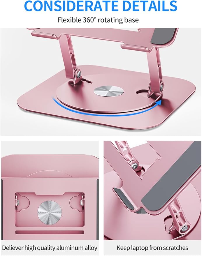 Adjustable Laptop Stand with 360 Rotating Base, Computer Stand for Laptop Ergonimic Foldable Laptop Riser for Desk Compatible with MacBook Pro/Air Notebook up to 16 Inches,Pink