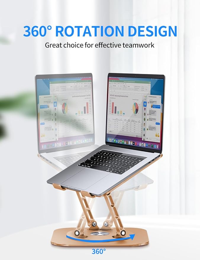 Adjustable Laptop Stand with 360 Rotating Base, Computer Stand for Laptop Ergonimic Foldable Laptop Riser for Desk Compatible with MacBook Pro/Air Notebook up to 16 Inches, Gold